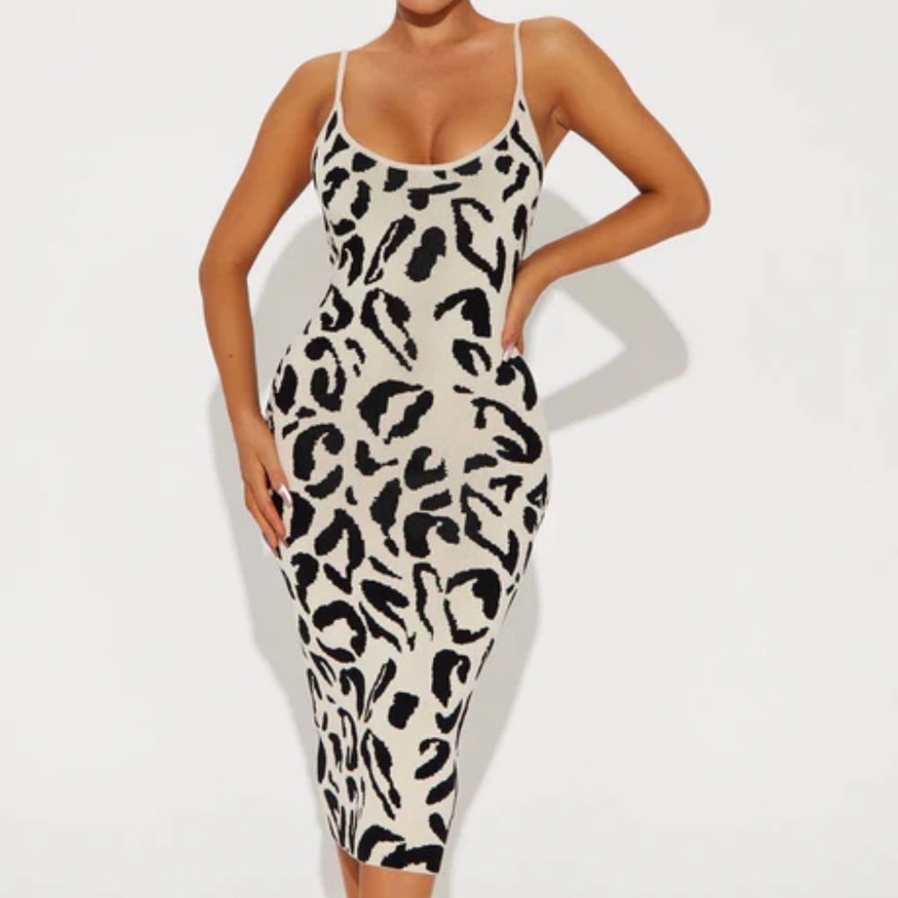 Fashion Nova Animal Print Midi Dress - Black and Cream